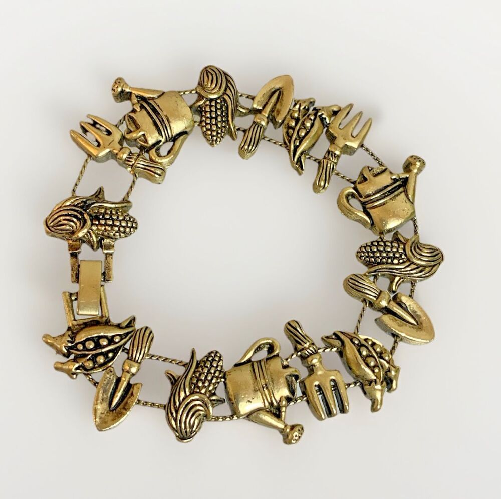 Vintage Gold Tone Gardening Slide Charm Bracelet Vegetable Harvest Garden Theme